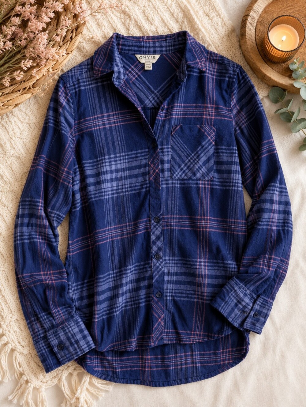 Orvis Blue Pink Plaid Flannel Button Front Shirt Women's Small